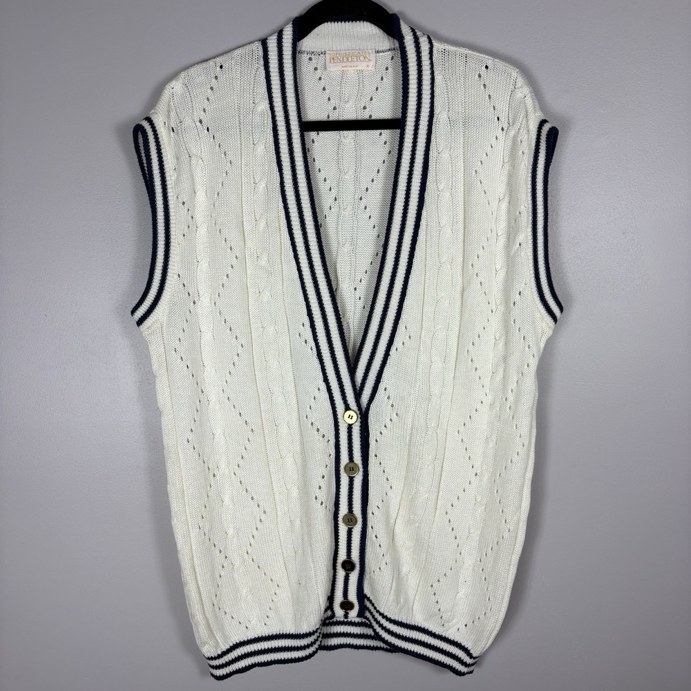 Pendleton Women's Medium White Blue Trim V‎ Neck Cable Knit Sweater Vest VTG